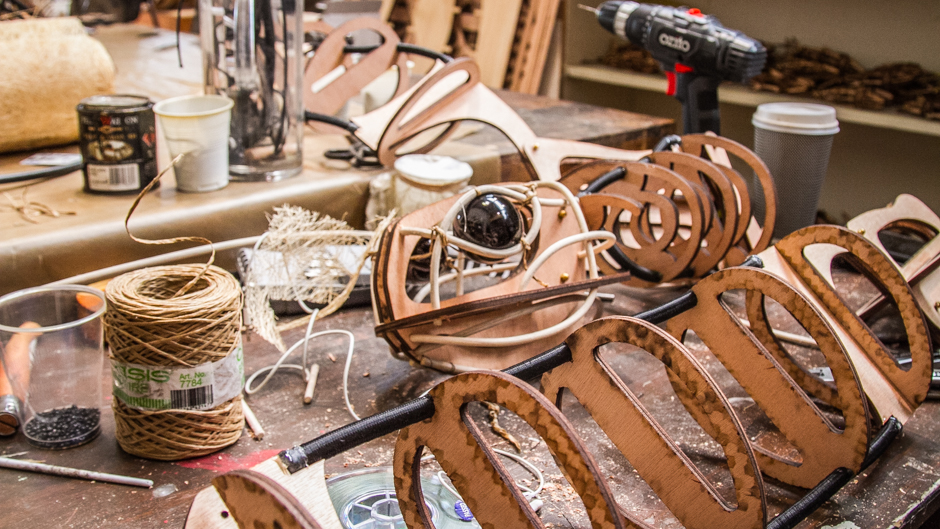 String, bolts, rods and hinges help bring the puppets to life.