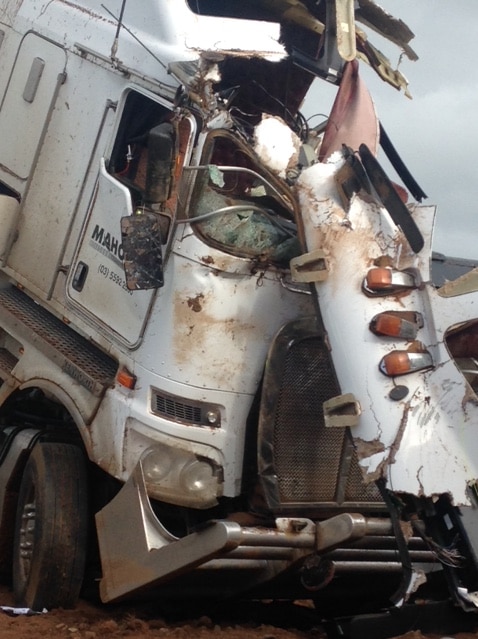Close-up of truck involved in Colac train crash