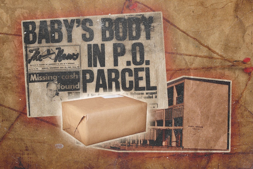 A graphically altered image of a newspaper front page, a parcel and a post office.