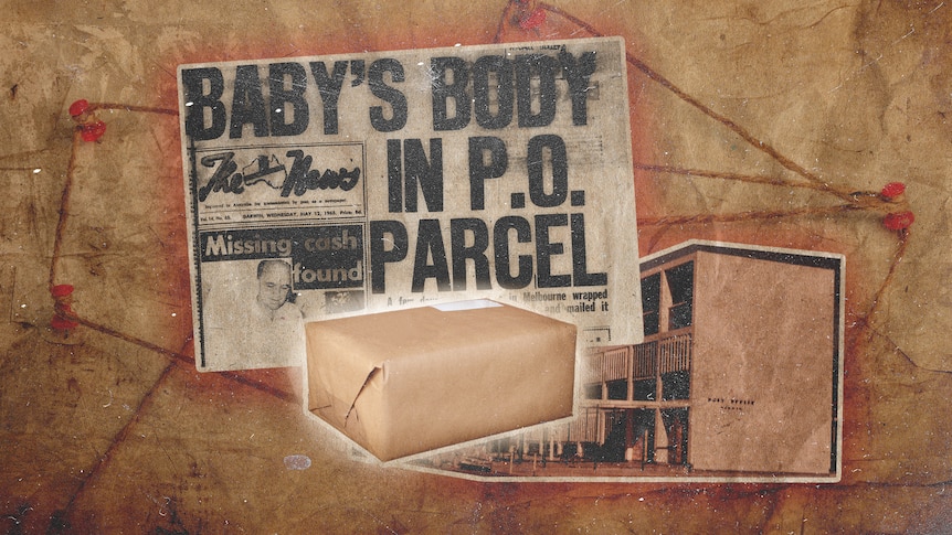 A graphically altered image of a newspaper front page, a parcel and a post office.