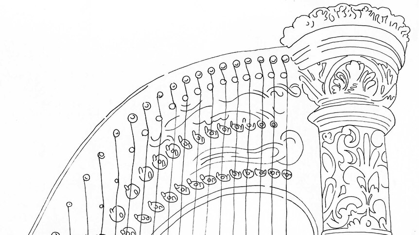 Line drawing of a harp