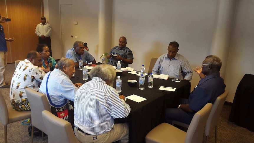 Prime Minister Sogavare sits with the delegation of leaders from the United Liberation Movement of West Papua.