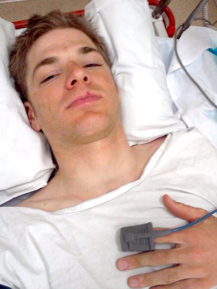 Jurgen Roelandts in Royal Adelaide Hospital after injuring his neck in a crash in the first stage.