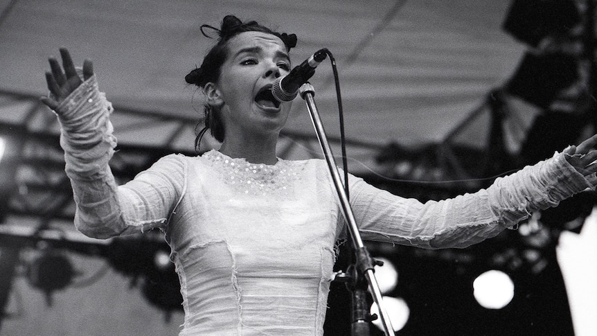 Björk performs on stage with arms outstretched at the 1994 Big Day Out