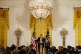 US President Donald Trump addresses the media