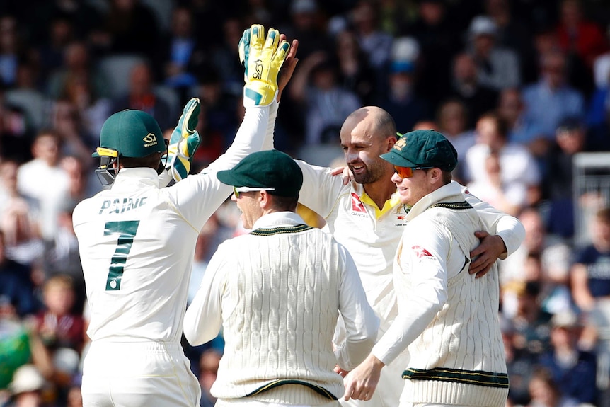 Nathan Lyon hi-fives a teammate as he celebrates a wicket