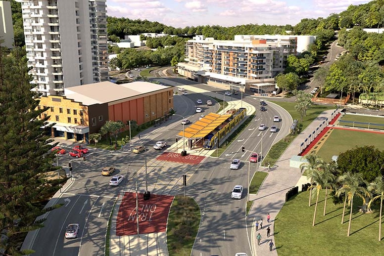 Aerial view of an artists impression of a tram station at a light rail line amid a main road.