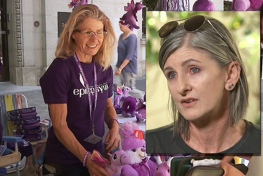 A woman in a purple shirt and a close-up of another woman