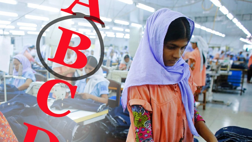 Workers sort clothes at a garment factory in Bangladesh overlayed with grades A, B, C, D.