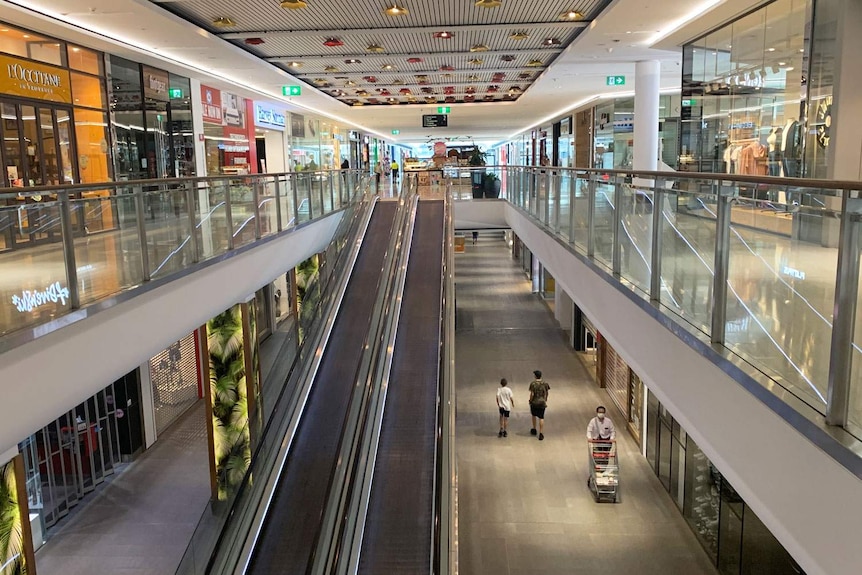 Near-empty mall at Westfield Garden City shopping centre in Brisbane.
