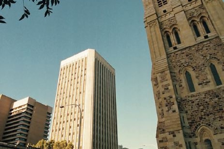 An office building and a cathedral