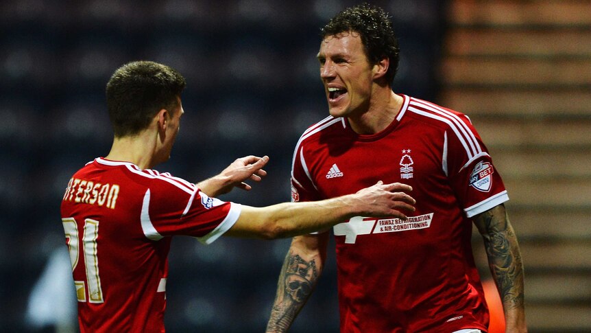 Darius Henderson and Jamie Paterson celebrate a goal for Nottingham Forest