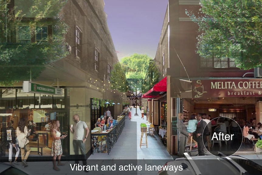 A mock-up of laneways showing restaurants and people.