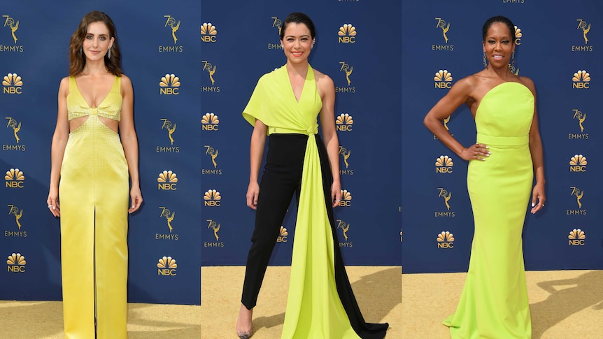 Alison Brie, Tatiana Maslany and Regina King all wearing yellow outfits at the Emmy Awards