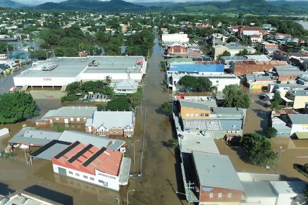Aerial photo of a town in flood.