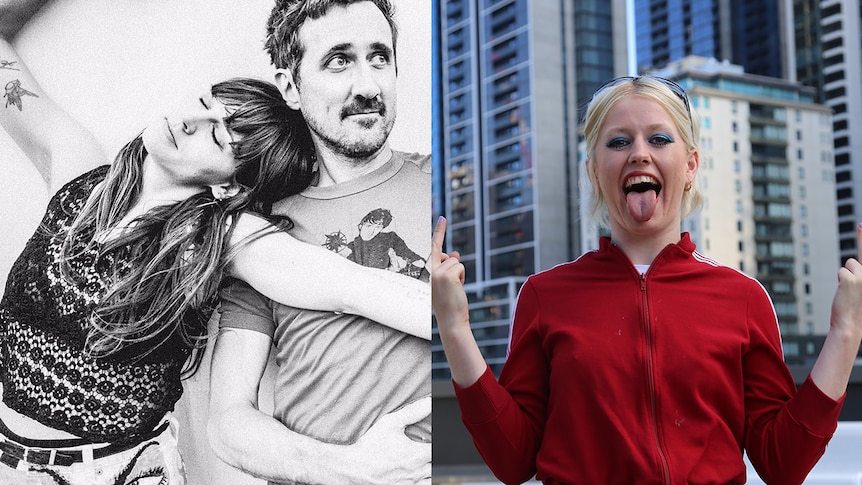 Split photo of Fiona and Gareth from Tropival Fuck Storm and Amy from Amyl and the Sniffers