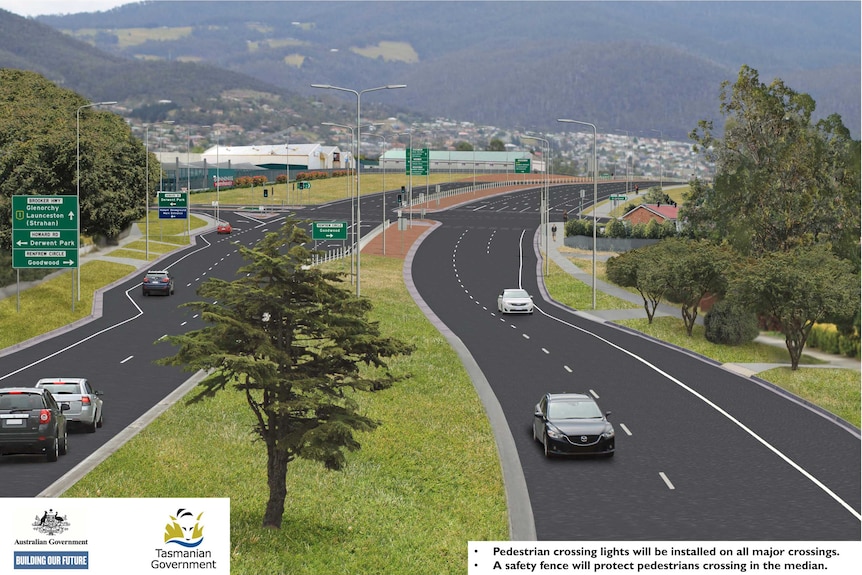 A photo montage of the plan for upgrades at the intersection of the Brooker Highway and Howard Road, Glenorchy.