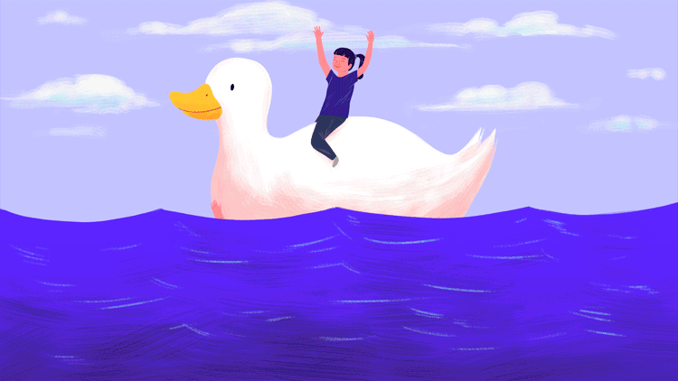 Gif of a child on a white duck with their parents underwater kicking for story about parents' work-life balance.