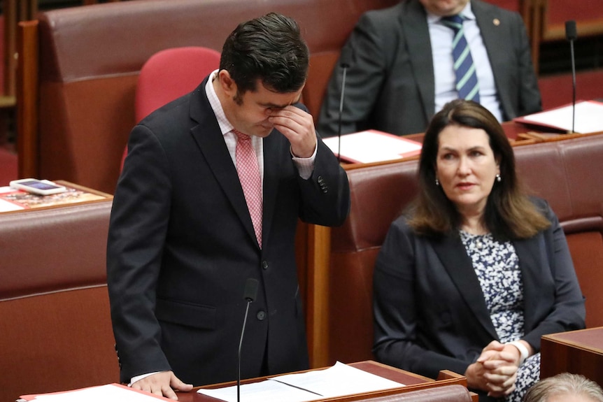 Labor senator Sam Dastyari puts his hand to his face as he addresses China revelations in Senate