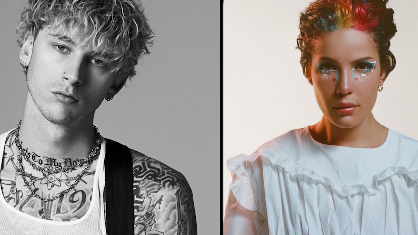 Collage image of Machine Gun Kelly and Halsey; MGK in black & white, Halsey in colour, wearing white