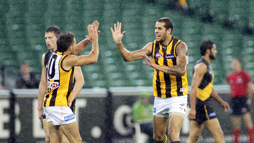 On song ... Lance Franklin booted five and had 22 touches in a superb showing for Hawthorn.
