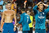 Composite of Cristiano Ronaldo with shirt off, given red card, sent off
