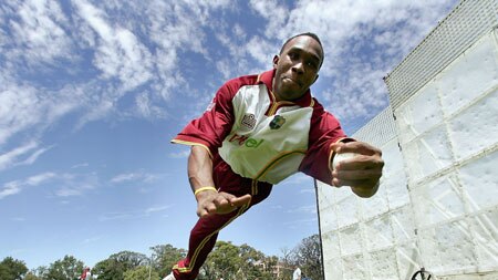 Dwayne Bravo dives in the West Indies nets