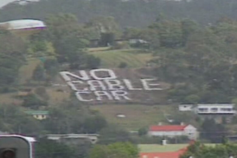 The Keen's Mustard sign in South Hobart rearranged to read No Cable Car