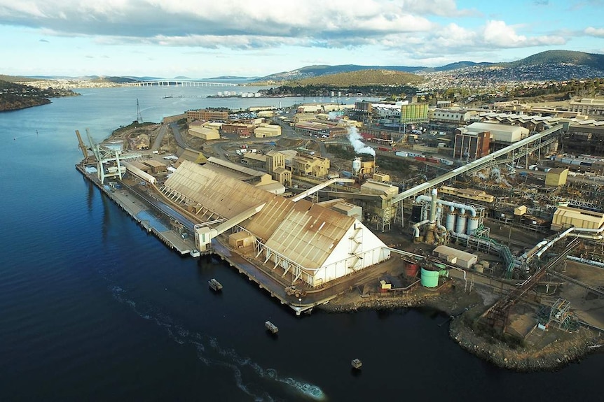 Nyrstar zinc smelter on River Derwent, Hobart, seen from the air.