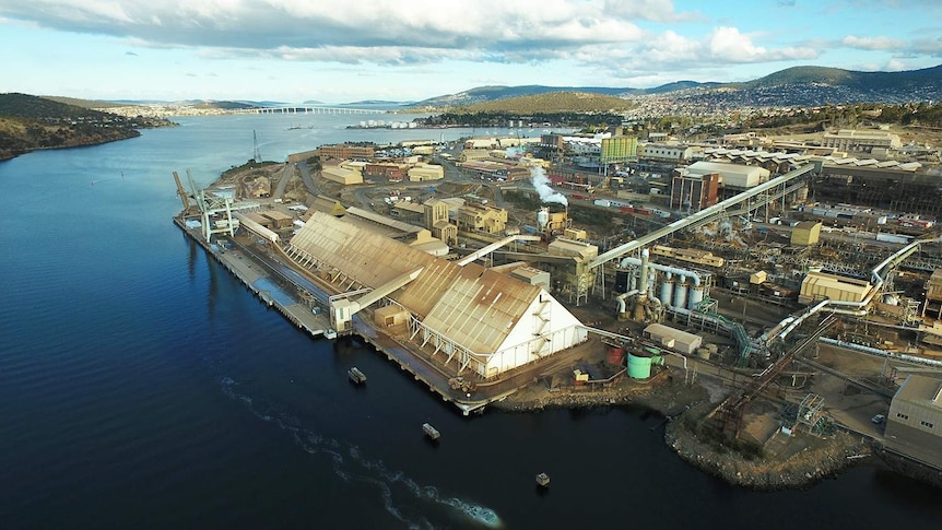 Nyrstar zinc smelter on River Derwent, Hobart, seen from the air.