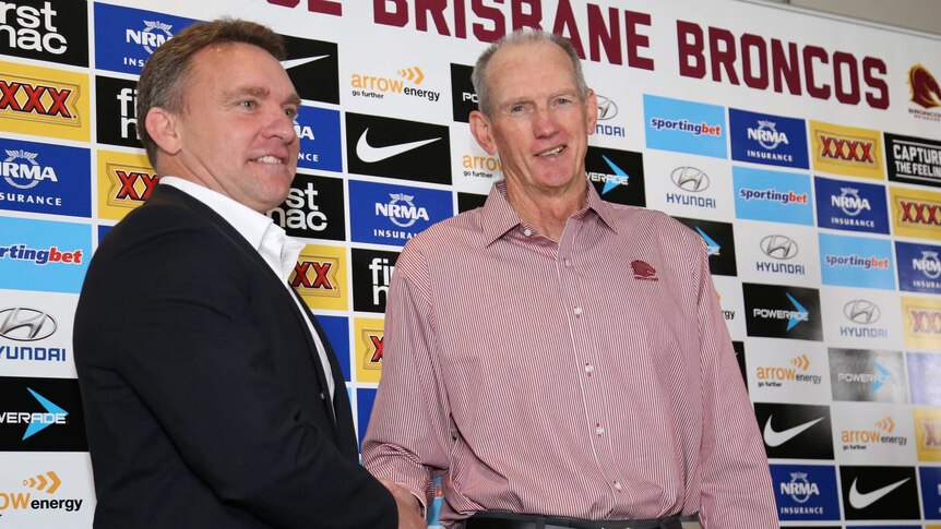 Wayne Bennett is welcomes back at the Broncos by chief executive Paul White