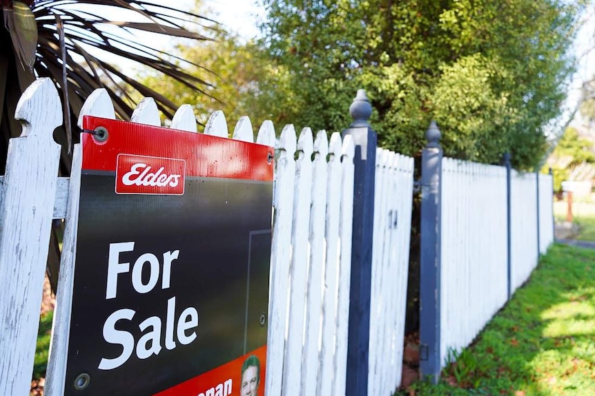 A For Sale sign is pinned to a white picket fence on a leafy suburban street in Mount Gambier.