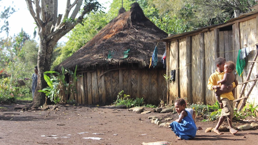 Kids in front of a traditionally-built house surrounded by bushland in the PNG highlands.