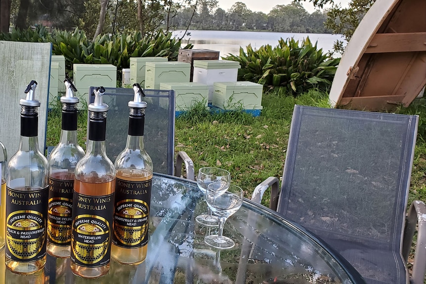 Wines on a table outside.