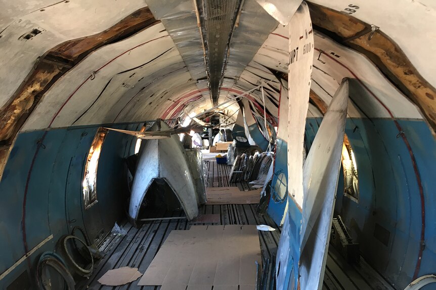 Inside the fuselage of the Super Constellation before restoration