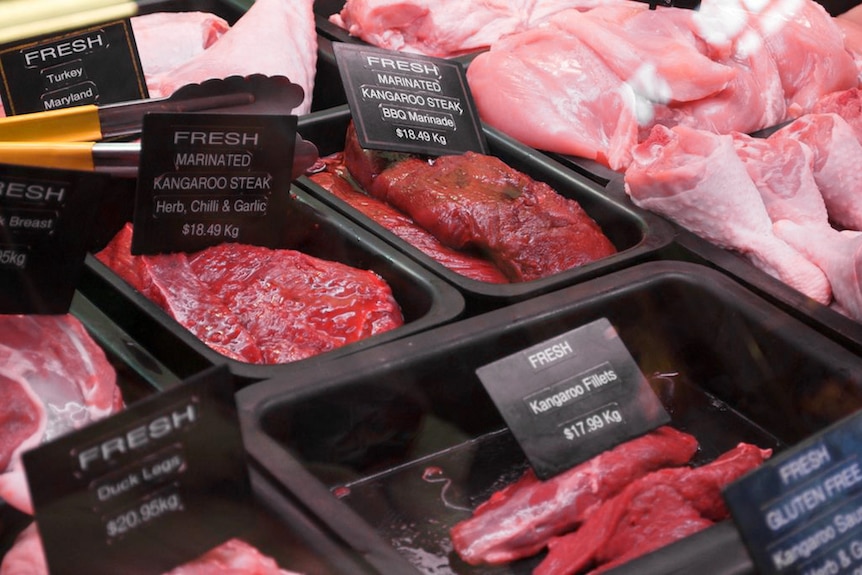 Kangaroo Meat for sale at the Queen Victoria Market, Melbourne.