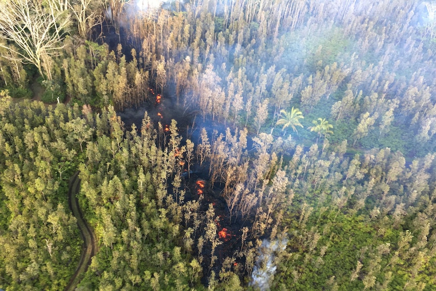 Lava is shown burning in Leilani Estates subdivision near the town of Pahoa.