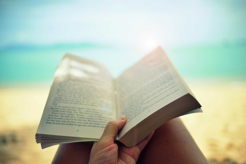 A person's hands hold an open book in a point-of-view shot showing them reading on a beach.