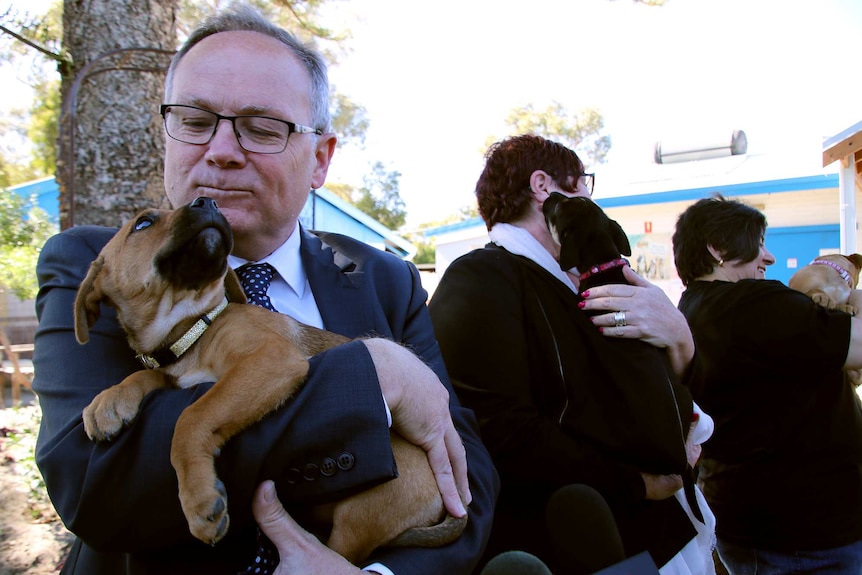 Minister David Templeman holding a brown puppy.