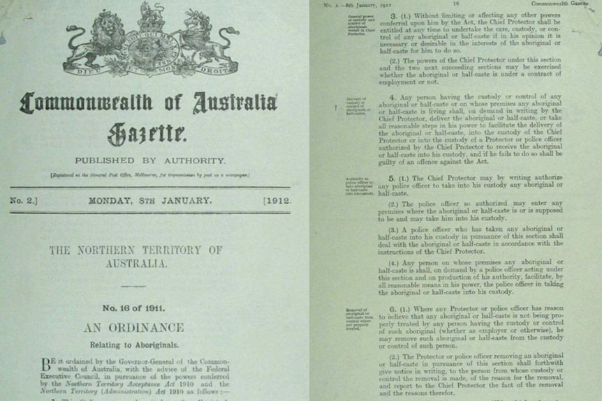 Photocopied versions of the first two pages of an ordinance from the 'Northern Territory Aboriginals Act 1910' 
