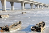 Boats on ice in China's Qingdao