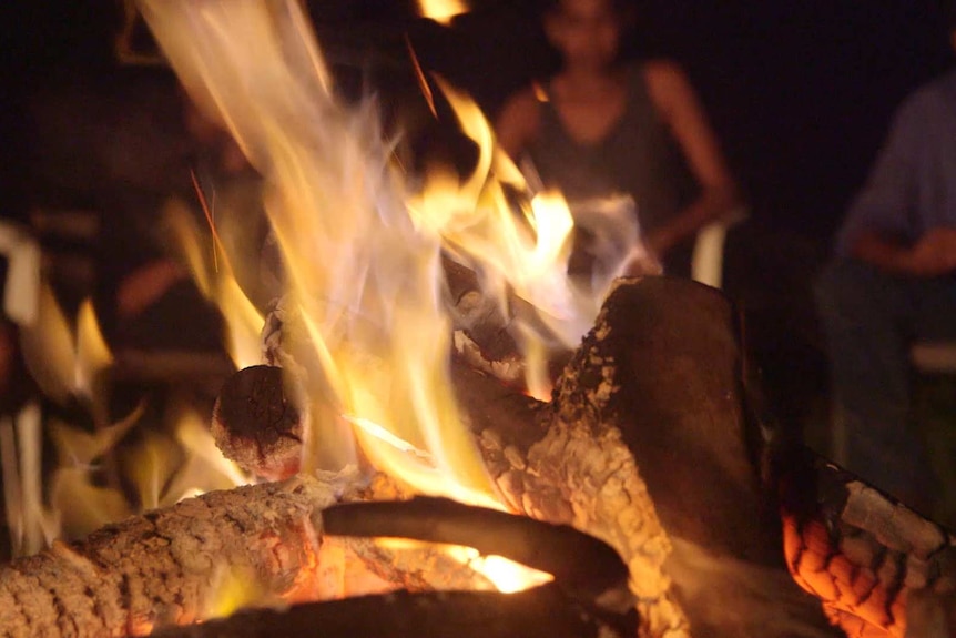 Flames leap from a campfire, as figures sit nearby.