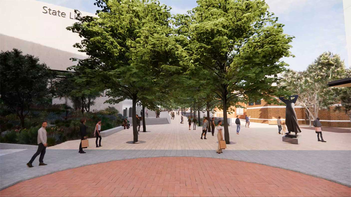 Concept drawings for the $35 million Perth Cultural Centre redevelopment showing a tree lined thoroughfare