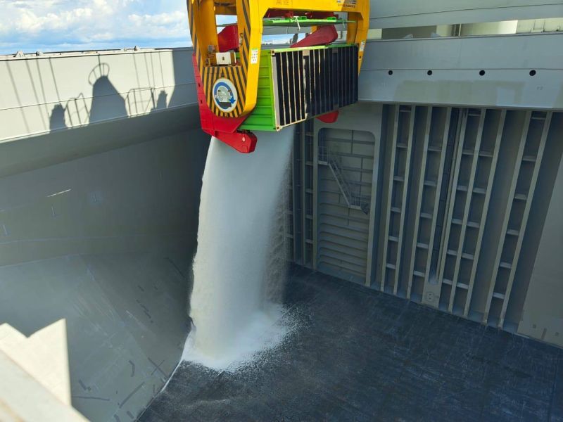 Urea is loaded onto a ship