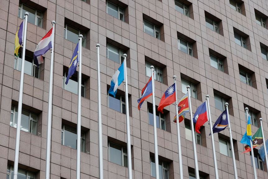 An empty flag pole where the Honduran flag used to fly is pictured next to flags of other countries.