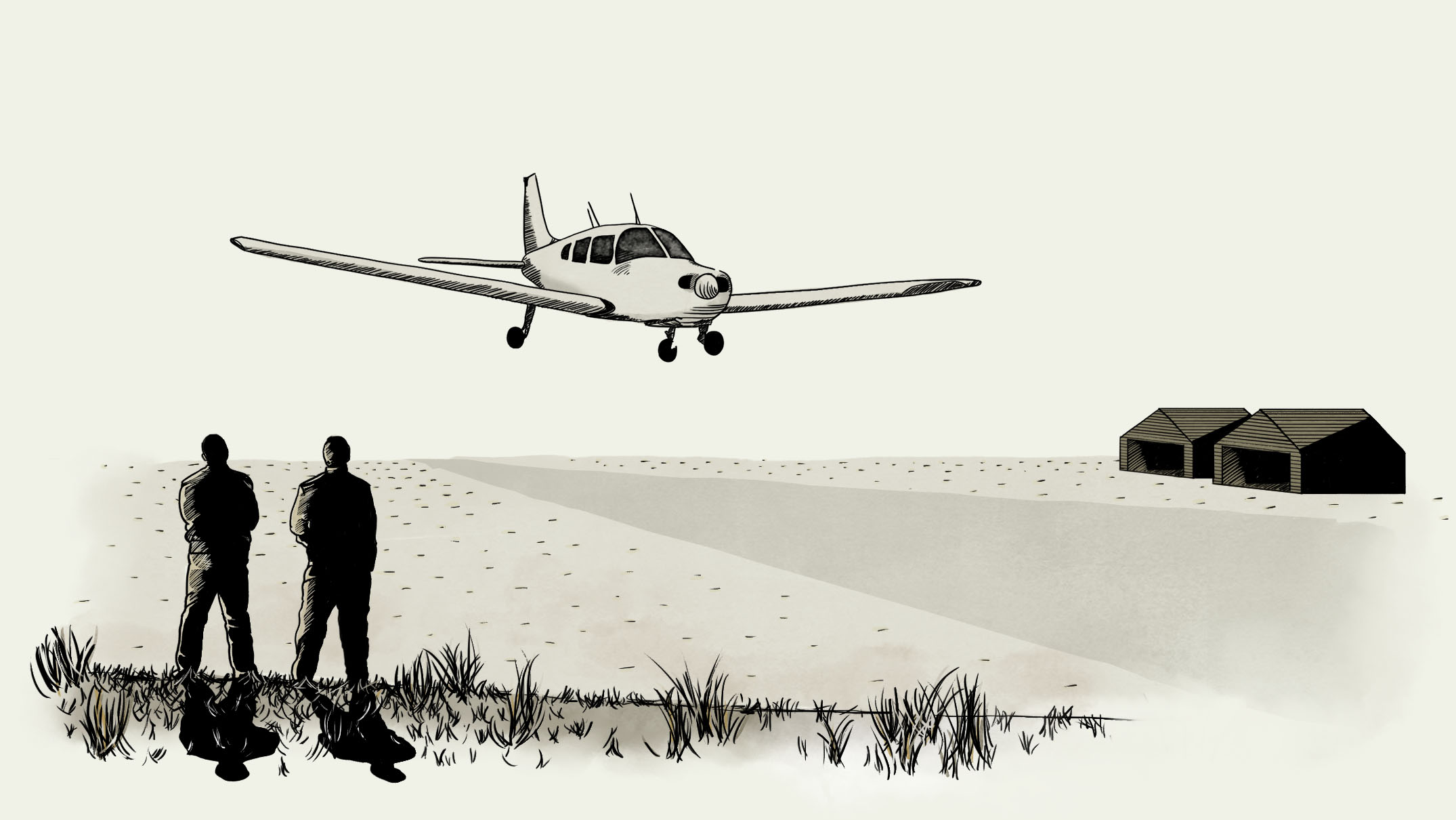 Watercolour illustration of aircraft landing on tarmac, with two men on grassy hill in foreground watching.