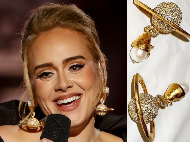 A composite of Adele wearing big golden Saturn pendant earrings and the earrings on silk. 