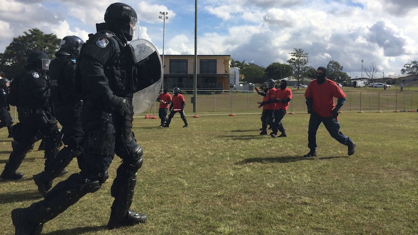 Riot police in training at the Queensland Police Service training academy in Brisbane. Thur May 22, 2014