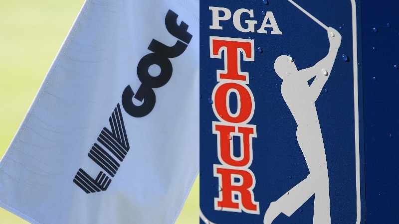 An image combining a white golf flag with black type saying 'LIV GOLF' and a silhouette of a golfer next to a sign 'PGA Tour'.