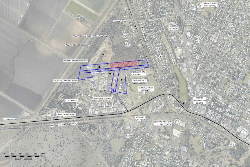 A map of the proposed expansion outlining where the pens will be. Shows Hogans Road, rail line, houses, hospital etc.